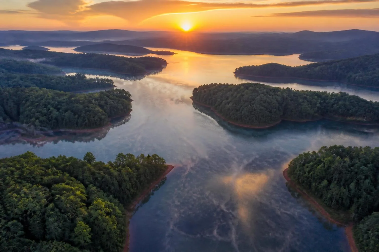 Aerial view of Lake Tillery at golden hour